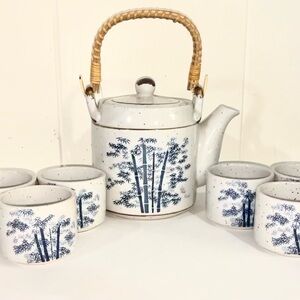 Vintage Pottery Stoneware Teapot Set Bamboo Design & Brown Wooden Handle EUC